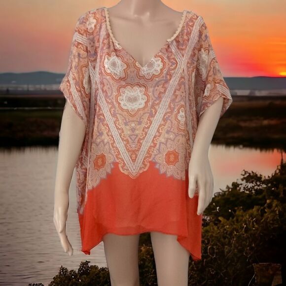 Maeve Anthropologie Silk Blouse L Nalina Handkerchief Kimono Flowy Bohemian Rust - Picture 13 of 16